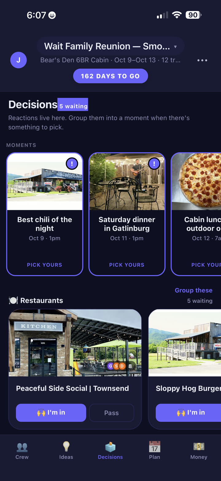 TripSync Decisions tab on iPhone showing photo-banner moment cards for chili night, Saturday dinner in Gatlinburg, and cabin lunch — three time-bound moments waiting for the crew to pick
