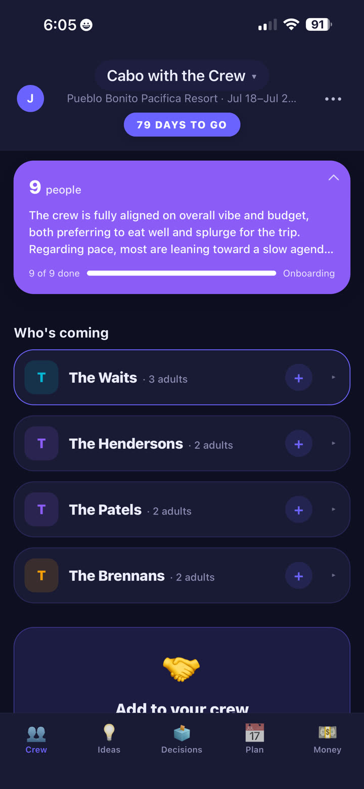 TripSync Crew tab showing four households (The Waits, The Hendersons, The Patels, The Brennans) and a synopsis: the crew is fully aligned on overall vibe and budget