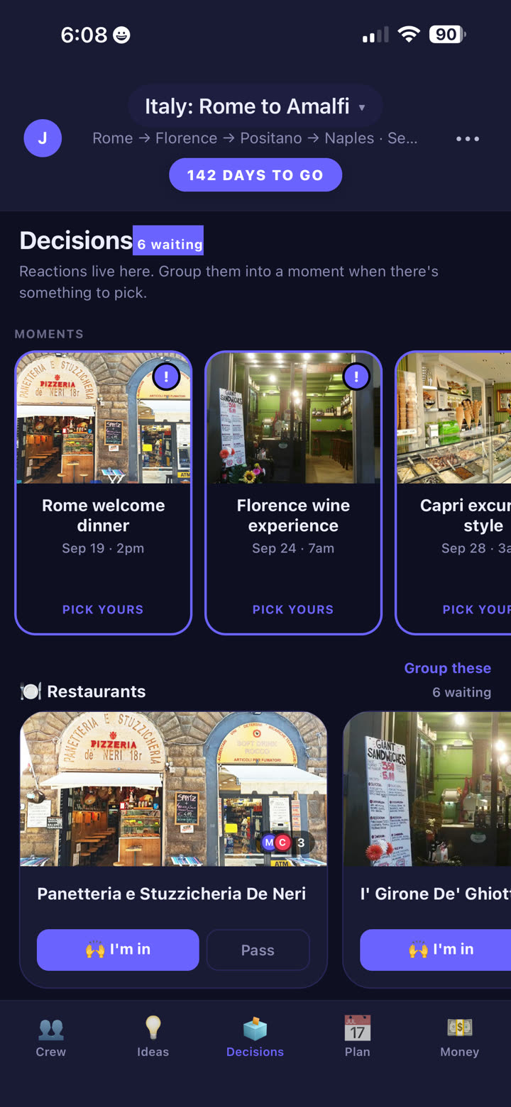 TripSync Decisions tab on an Italy trip showing scheduled moments for a Rome welcome dinner, Florence wine experience, and Capri excursion alongside a queue of restaurant reactions waiting to be grouped