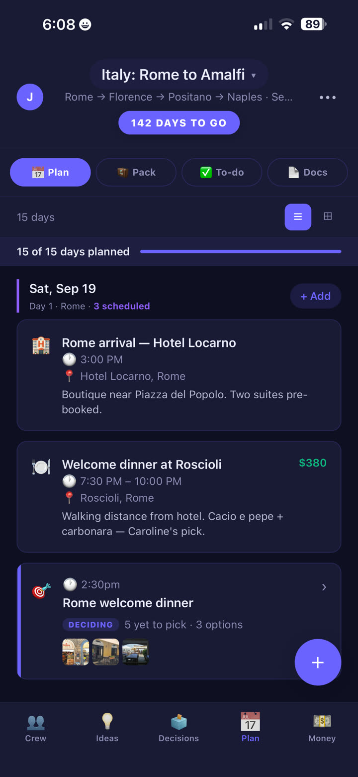 TripSync Plan tab showing a day-by-day itinerary for an Italy trip including a hotel arrival, a welcome dinner reservation, and a moment still being decided by the crew